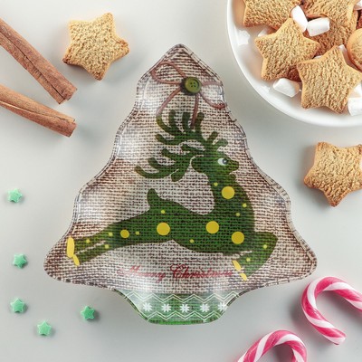 Блюдо стеклянное сервировочное Доляна «Ёлочка. Олень», 18×17,5 см