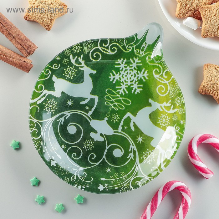 Блюдо стеклянное сервировочное Доляна «Ёлочная игрушка. Олени», 18×15,5 см - Фото 1