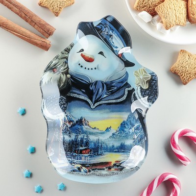 Блюдо стеклянное сервировочное Доляна «Снеговик и сказочный домик», 20×14,5 см