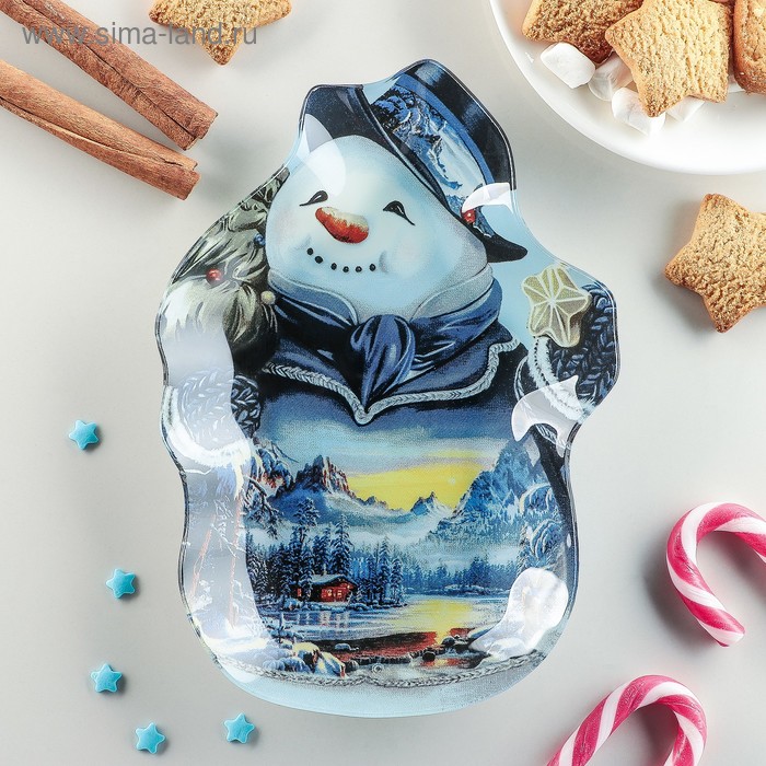 Блюдо стеклянное сервировочное Доляна «Снеговик и сказочный домик», 20×14,5 см - Фото 1