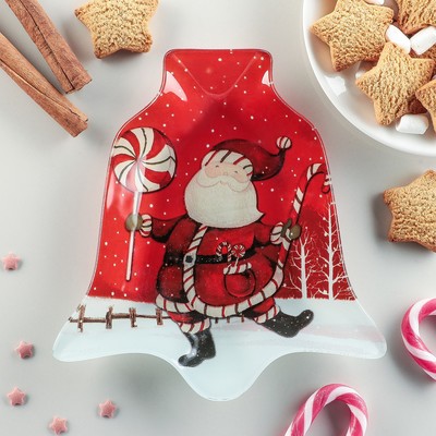 Блюдо стеклянное сервировочное Доляна «Колокольчик. Дед Мороз», 18×17 см