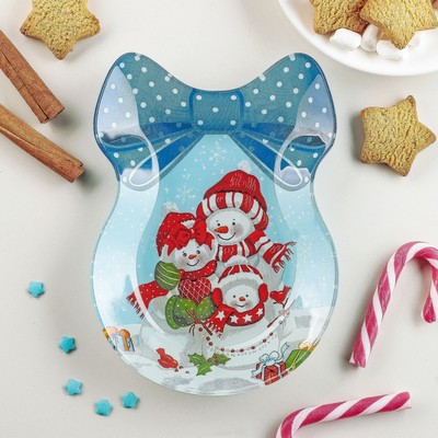 Блюдо стеклянное сервировочное Доляна «Бант. Семья снеговиков», 18,5×13 см