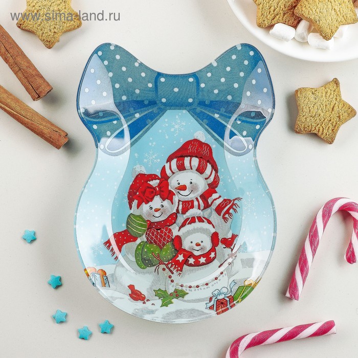 Блюдо стеклянное сервировочное Доляна «Бант. Семья снеговиков», 18,5×13 см - Фото 1