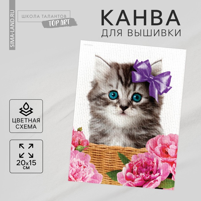 Канва для вышивки крестиком «Котёнок в корзинке», 20х15 см - Фото 1
