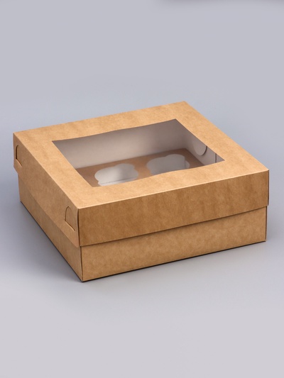 Коробка для капкейков с окном на 9 шт., крафт, 25×25×10 см