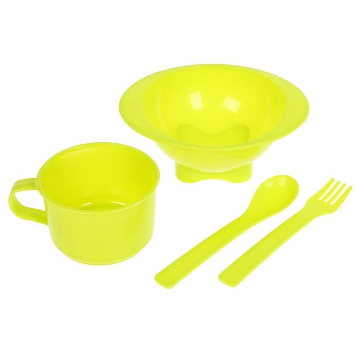 Набор детской посуды, 4 предмета: миска, 250 мл, кружка, 100 мл, ложка и вилка, цвета МИКС - Фото 1