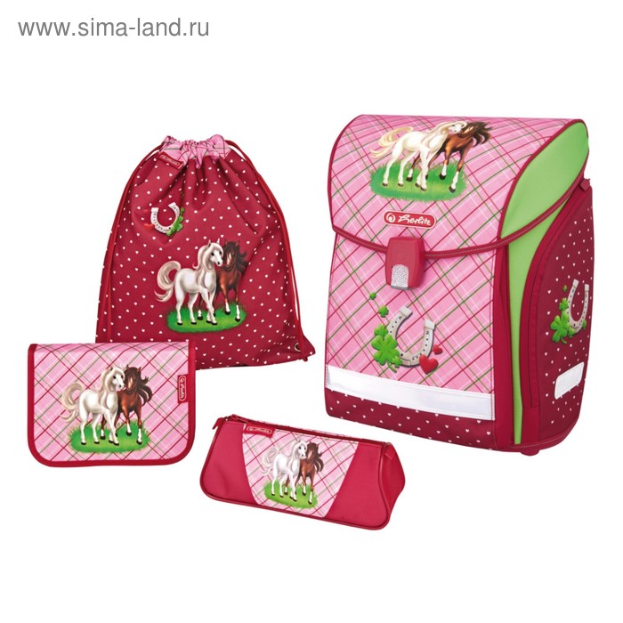 Ранец на замке Herlitz MIDI NEW PLUS 38х32х26 см, для девочки, Horses, + пенал 16 предметов + косметичка + мешок - Фото 1