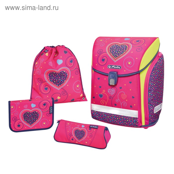 Ранец на замке Herlitz MIDI NEW PLUS 38х32х26 см, для девочки, Pink Hearts + пенал 16 предметов + косметичка + мешок - Фото 1