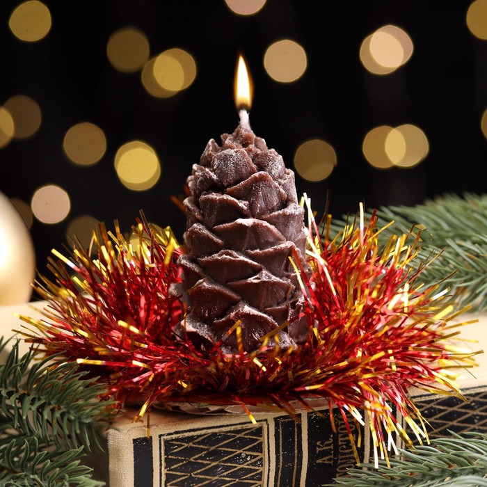 Свеча новогодняя "Шишка с еловым декором", 7 см, коричневая МИКС - Фото 1