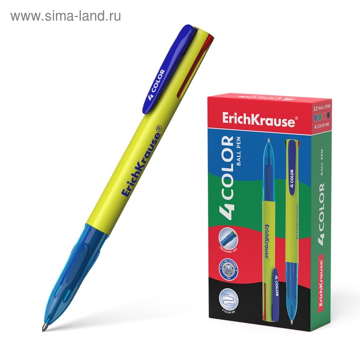 Ручка шариковая автоматическая 4-х цветная Erich Krause 4 COLOR, узел 0.7 мм, чернила: синие, чёрные, красные, зелёные - Фото 1