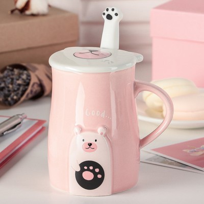 Кружка керамическая с крышкой и ложкой «Лапка», 350 мл, цвет МИКС