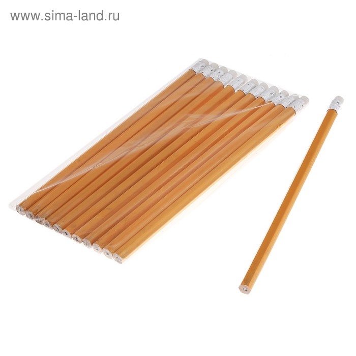 Набор карандашей чернографитных с ластиками 12шт НВ "Желтый граненный" в пакете - Фото 1