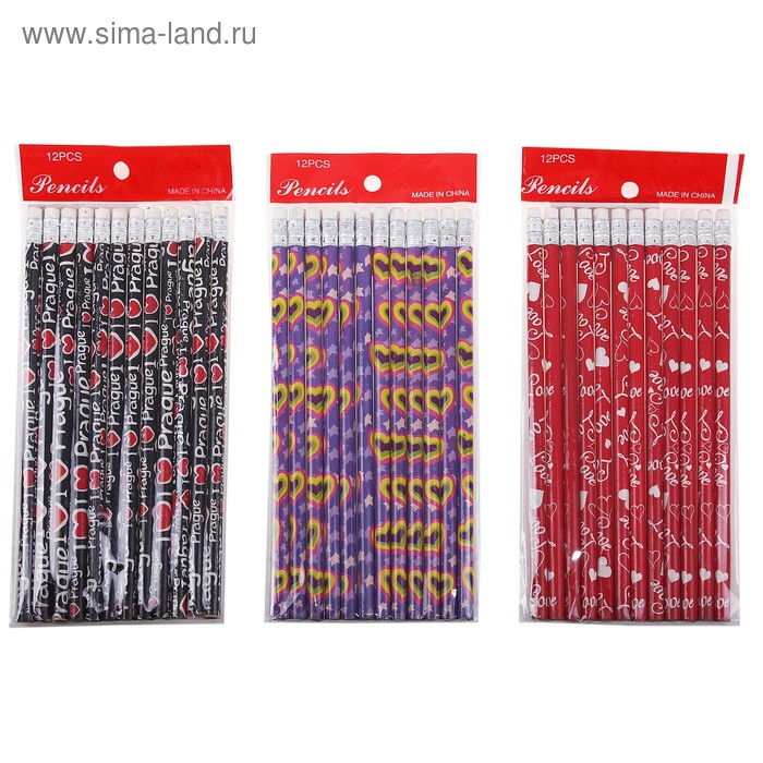 Набор карандашей чёрнографитных с ластиками 12шт НВ "Сердечки" МИКС - Фото 1