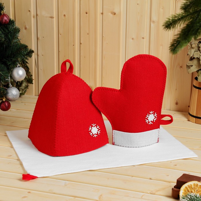 Набор банный подарочный "Зимушка" ( коврик, рукавица, шапка), войлок, красная - Фото 1