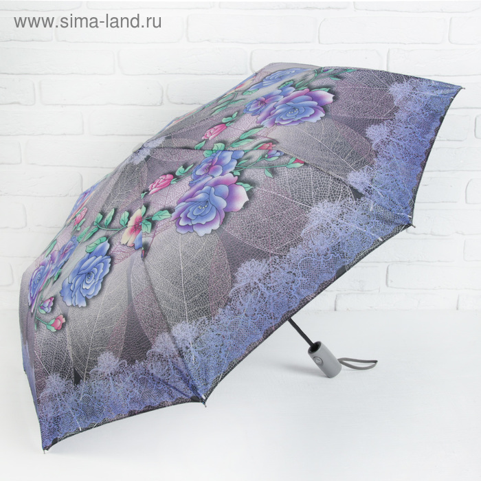 Зонт полуавтоматический «Сказочные розы», 3 сложения, 8 спиц, R = 49 см, цвет серый