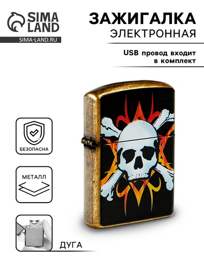 Зажигалка электронная «Череп в огне», металлическая, дуговая, от USB