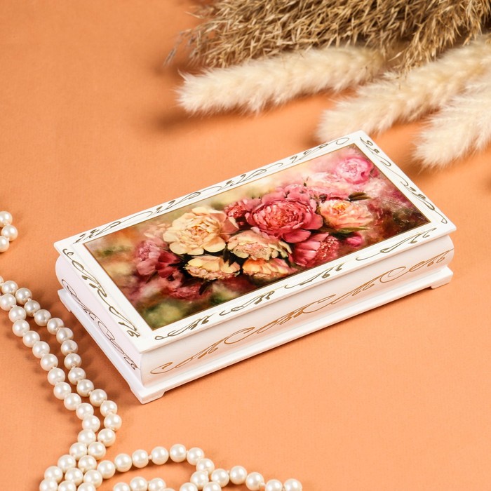 Шкатулка - купюрница «Пионы», белая, 8,5×17 см, лаковая миниатюра - фото 1908394169