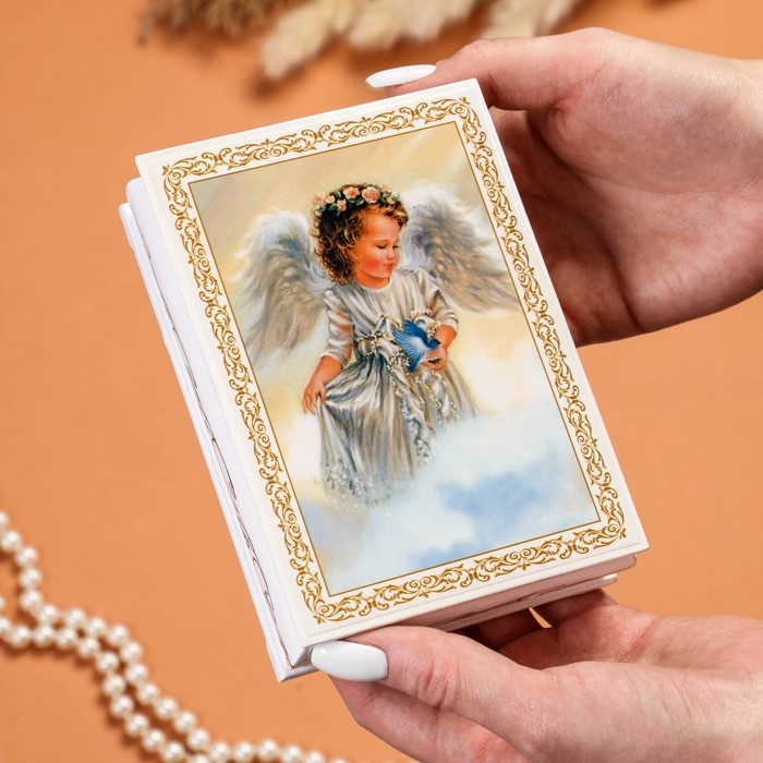 Шкатулка «Ангел с птицей», белая, 10×14 см, лаковая миниатюра - фото 1906936534