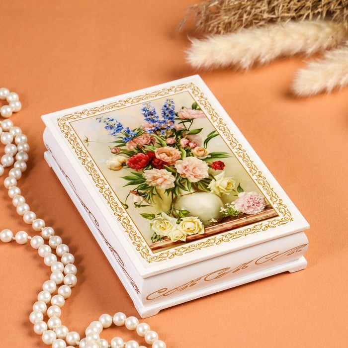 Шкатулка «Букет цветов в вазе», белая, 11×16 см, лаковая миниатюра - фото 1906936535
