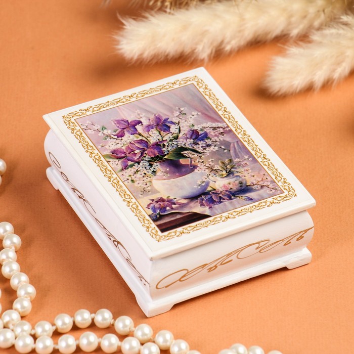 Шкатулка «Цветы в вазе», белая, 8×10,5 см, лаковая миниатюра - фото 1906936556