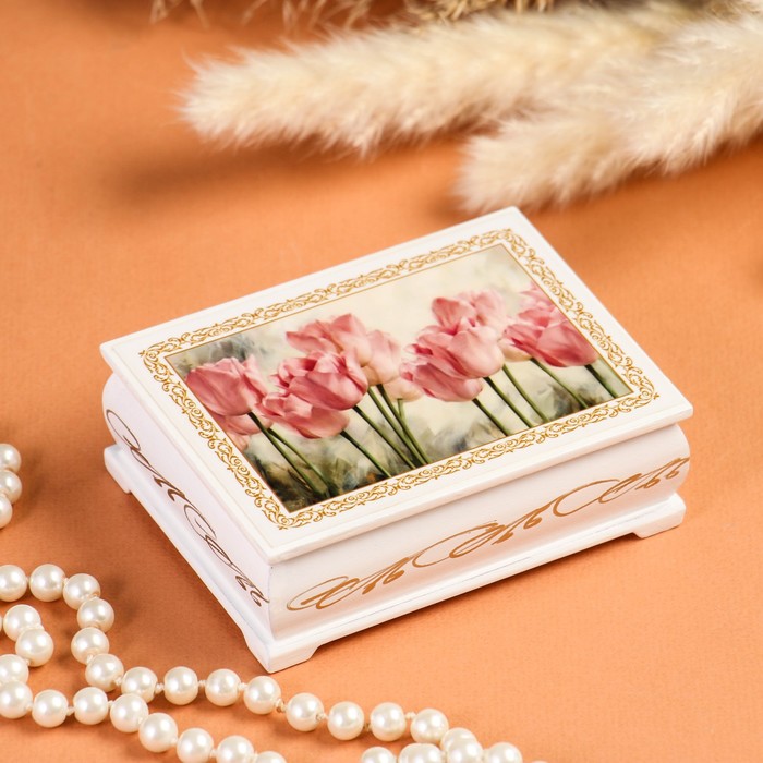 Шкатулка «Тюльпаны», белая, 8×10,5 см, лаковая миниатюра - фото 1906936559