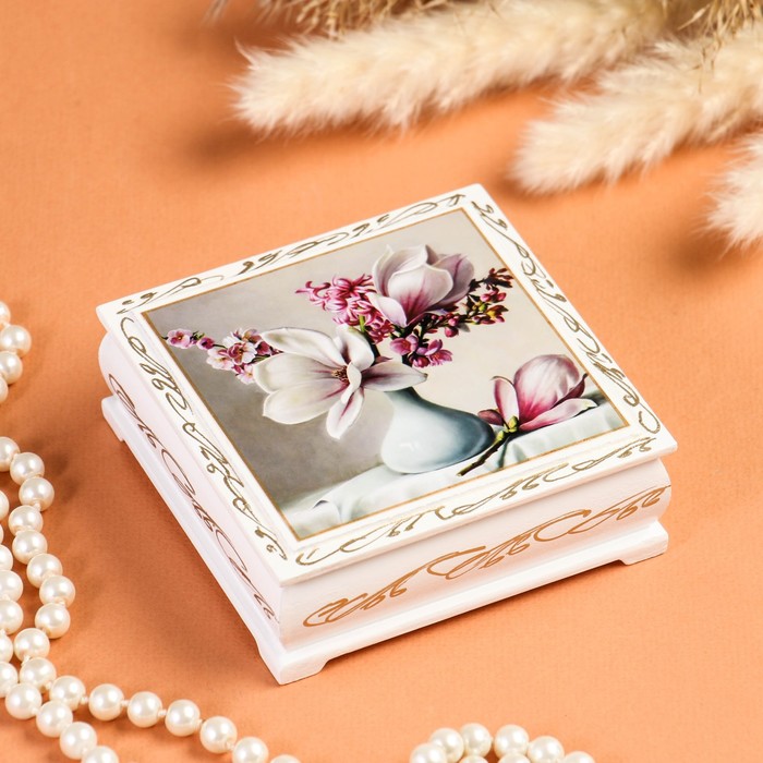 Шкатулка «Цветы в вазочке», белая, 10×10 см, лаковая миниатюра - фото 1906936565
