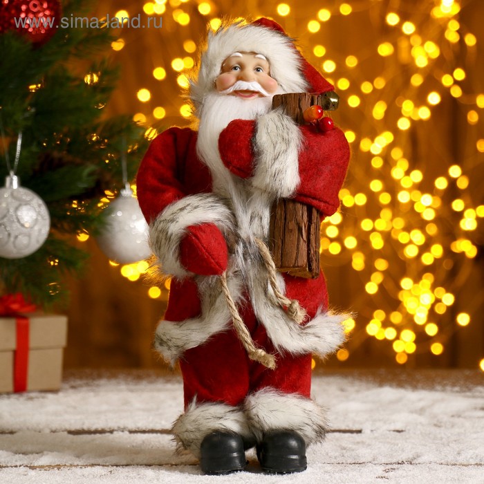 Дед Мороз  "В красной шубке, с брёвнышком" 29 см - Фото 1