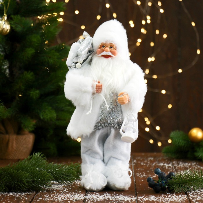 Дед Мороз &quot;В белой шубке, с фонариком и подарками&quot; 30 см