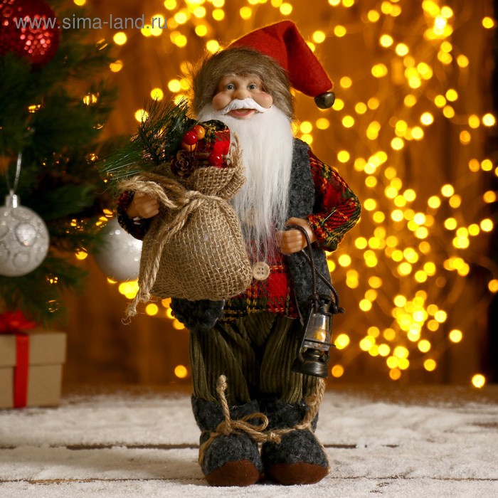 Дед Мороз "В клетчатой шубке, с фонариком и мешком" 30 см - Фото 1