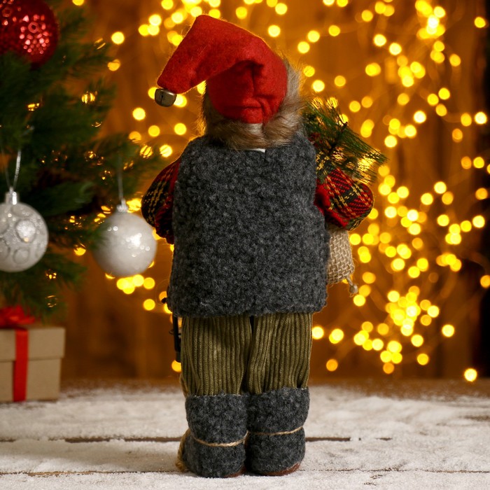 Дед Мороз "В клетчатой шубке, с фонариком и мешком" 30 см - фото 1908394300