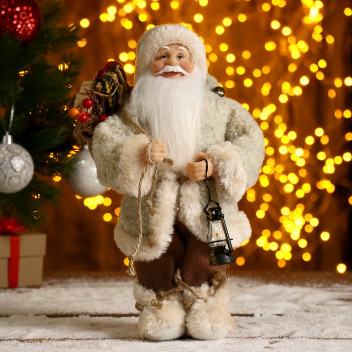 Дед Мороз "В белой шубке, с фонариком и мешком" 30 см - фото 1908394302