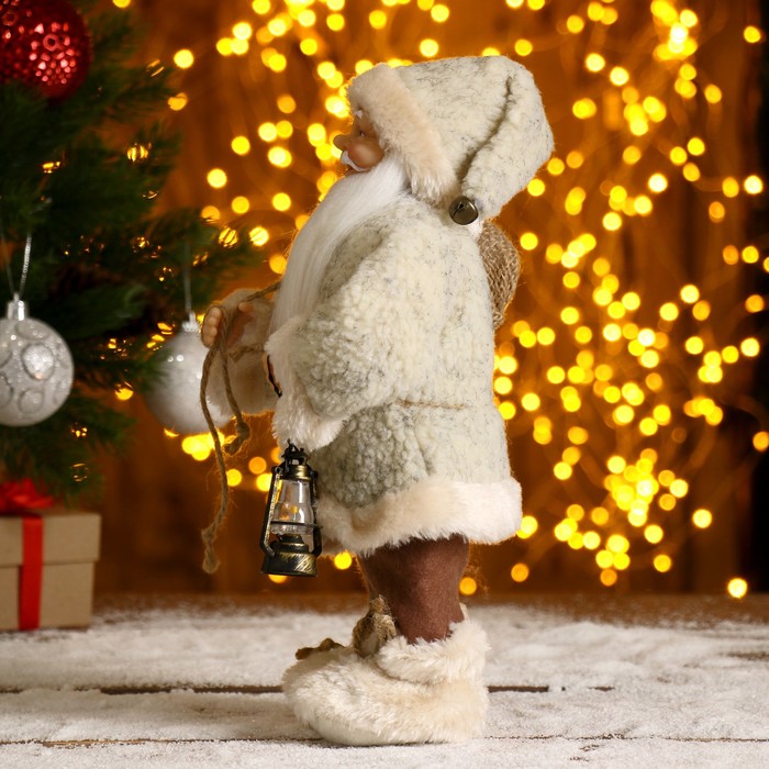 Дед Мороз "В белой шубке, с фонариком и мешком" 30 см - фото 1908394303