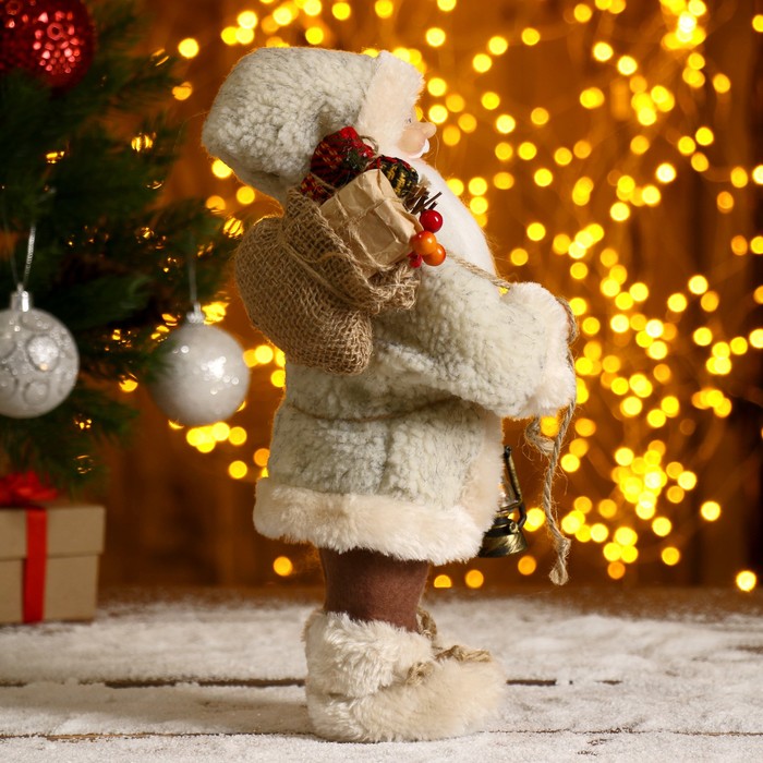 Дед Мороз "В белой шубке, с фонариком и мешком" 30 см - фото 1908394305