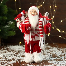 Дед Мороз "В вязаном костюме, с лыжами и мешком" 30 см