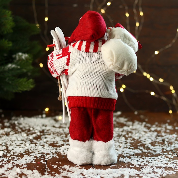 Дед Мороз "В вязаном костюме, с лыжами и мешком" 30 см - фото 1908394308