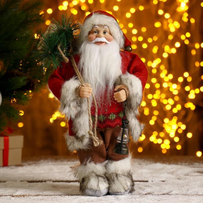 Дед Мороз "В красной шубке, с фонариком и мешочком" 30 см - фото 1908394310