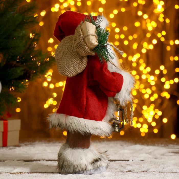 Дед Мороз "В красной шубке, с фонариком и мешочком" 30 см - фото 1908394311