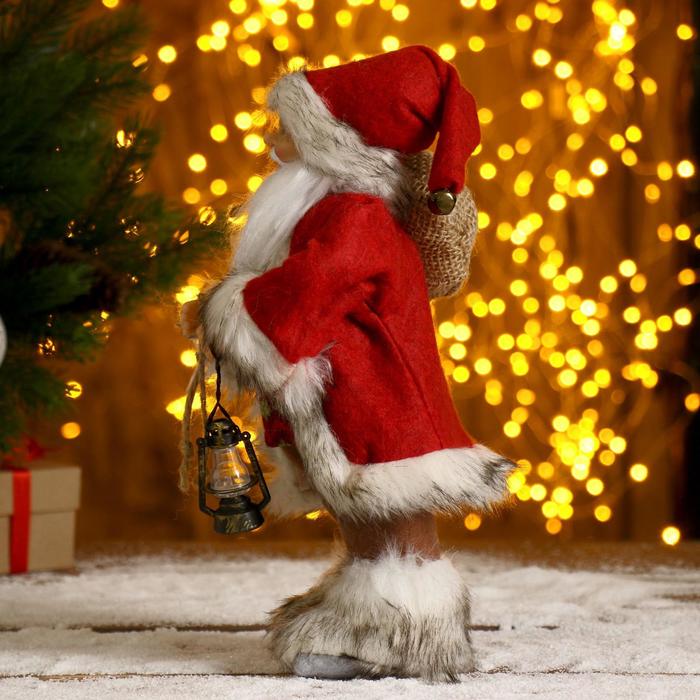 Дед Мороз "В красной шубке, с фонариком и мешочком" 30 см - фото 1908394313