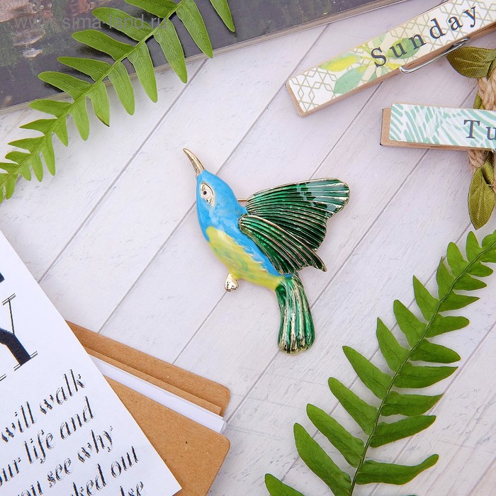 Брошь «Птица» райская, цветная в золоте - Фото 1