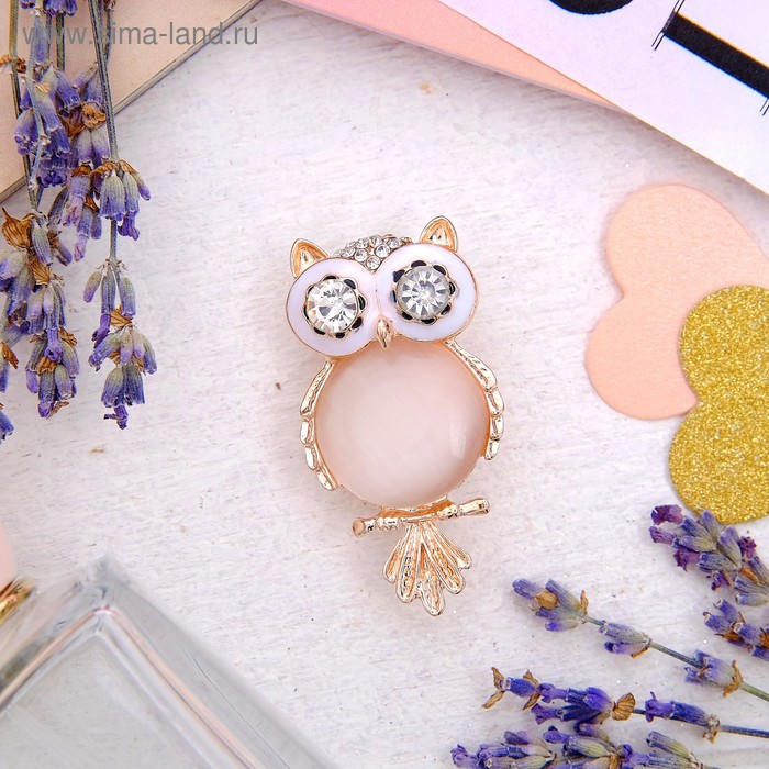 Брошь «Сова круглая», цвет бело-розовая в розовом золоте - Фото 1