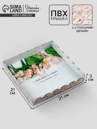 Коробка для печенья, кондитерская упаковка с пластиковой крышкой, «Улыбнись миру», 21×21×3 см