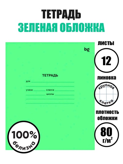 Тетрадь 12 листов в крупную клетку «Зелёная обложка», плотность обложки 65 г/м²