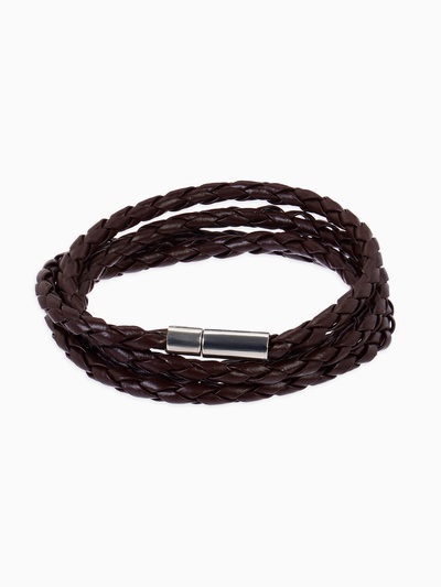 Браслет унисекс «Кожаное плетение», цвет коричневый с серебром, 82 см