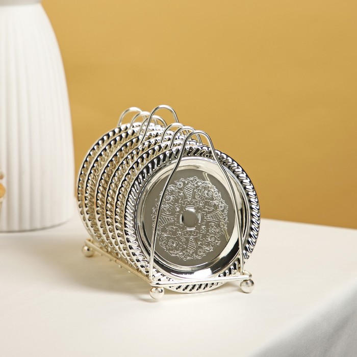 Набор блюдец «Серебро», 14×10×12 см, с подставкой, 6 шт, цвет серебряный - Фото 1