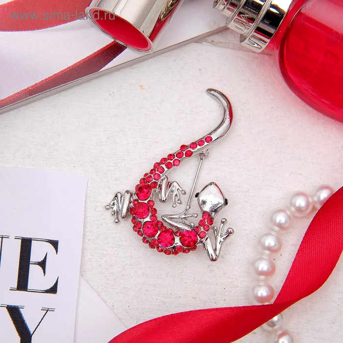 Брошь «Ящерица» токи, цвет красный в серебре - Фото 1