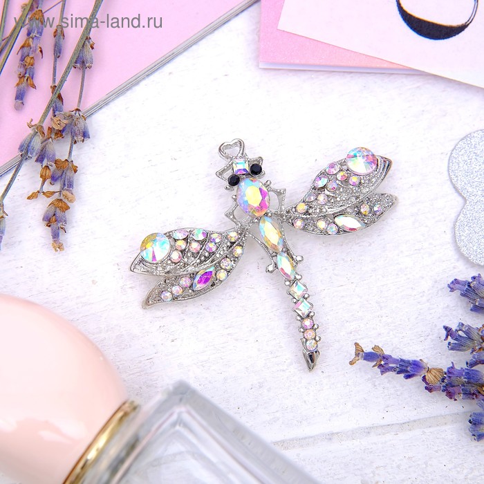 Брошь «Стрекоза инкрустированная», цвет радужный в серебре - Фото 1