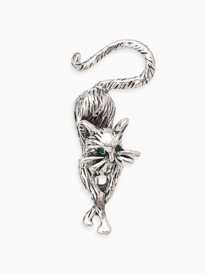 Брошь «Кошка грациозная», цвет зелёный в чернёном серебре