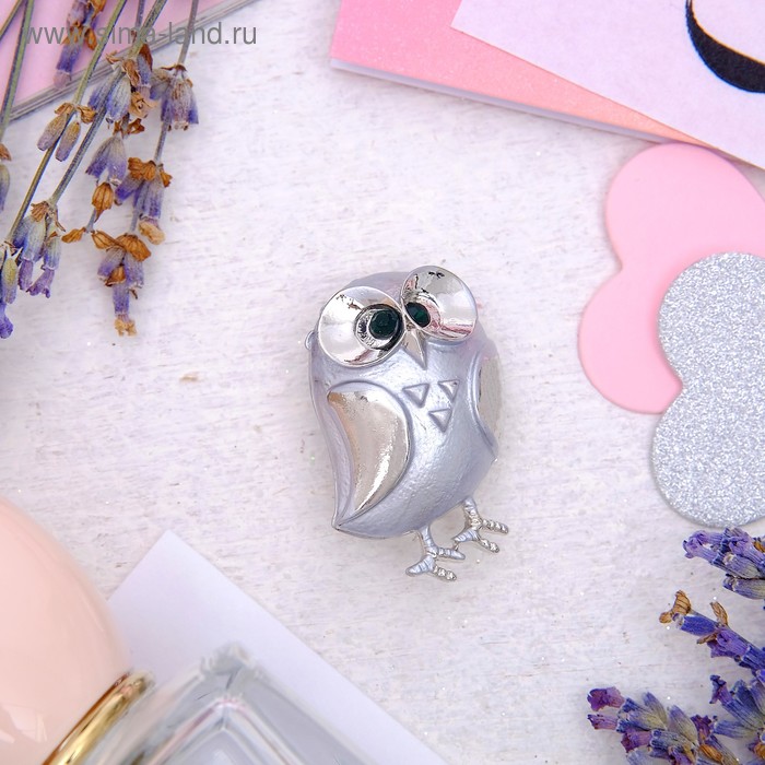 Брошь «Сова» удивленная, цвет зеленый в серебре - Фото 1