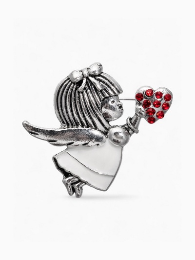 Брошь «Купидон» девочка, цвет красно-белый в чернёном серебре