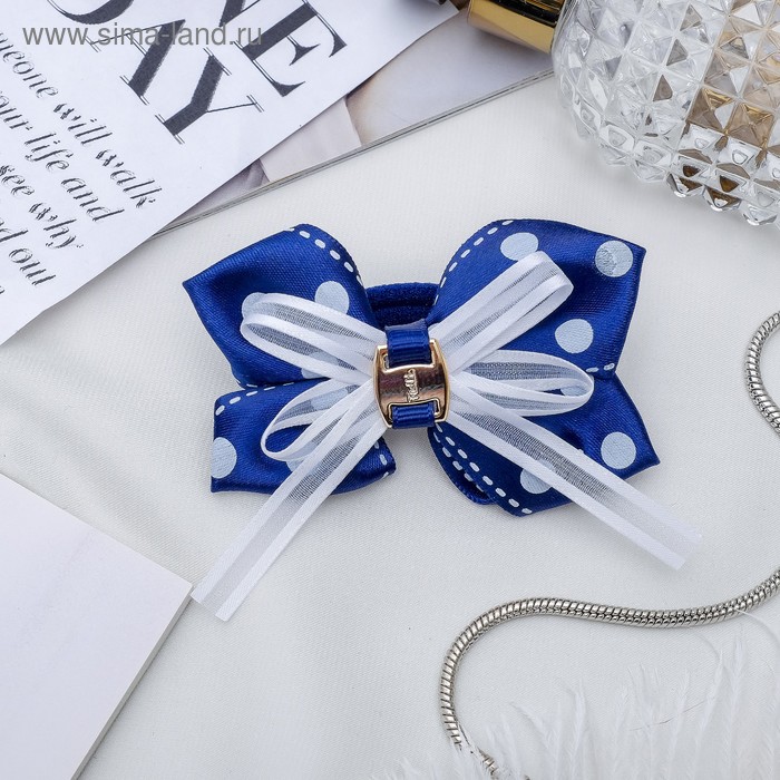 Резинка для волос бант «Школьница», горох, 7 см, бело-синяя - Фото 1